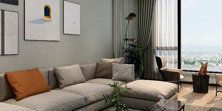 千景园现代风窗帘软装加纯色背景墙